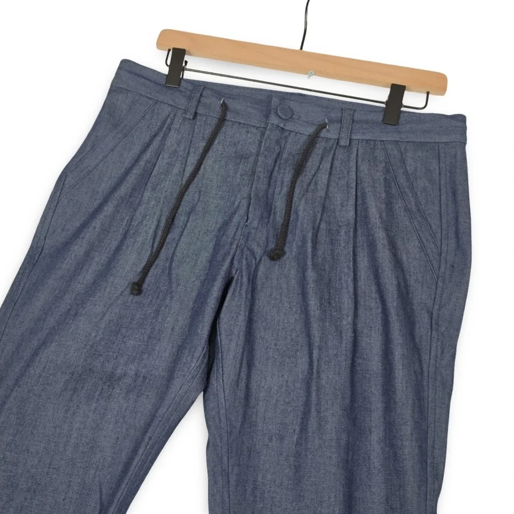 Assembly New York Mens 32 Blue Pleated Drawstring Chambray Trouser Pants Bottoms